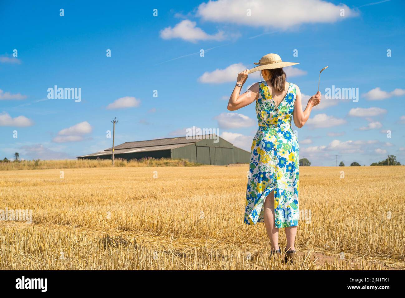 Kidderminster, Regno Unito. 8th Agosto 2022. Tempo del Regno Unito: Con le temperature alle stelle e il calore ondeggiante in tutto il Regno Unito oggi, l'unico modo per ottenere un po' di ombra in più sembra essere sotto la copertura di un cappello di paglia a bordo largo se si desidera uscire per una passeggiata nel paese! Con il tempo buono come questo, Miss T, un insegnante del Worcestershire, sta godendo completamente la sua staycation di estate! Credit: Lee Hudson/Alamy Live News Foto Stock