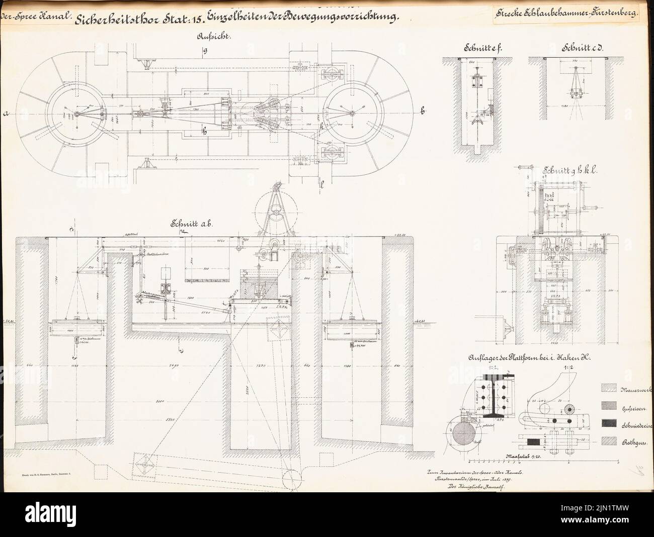 N.N., indulgence lock nel canale Oder-Spree sulla strada tra Schlaubehammer e Fürstenberg/OR (07,1889): Obiettivo di sicurezza, stat. 15: Viste, pianta, tagli, dettagli 1:20, 1: 2. Litografia su carta, 49,5 x 65,7 cm (compresi i bordi di scansione) N. : Oder-Spree-Kanal. Ablassschleuse auf der Strecke zwischen Schlaubehammer und Fürstenberg/Oder Foto Stock