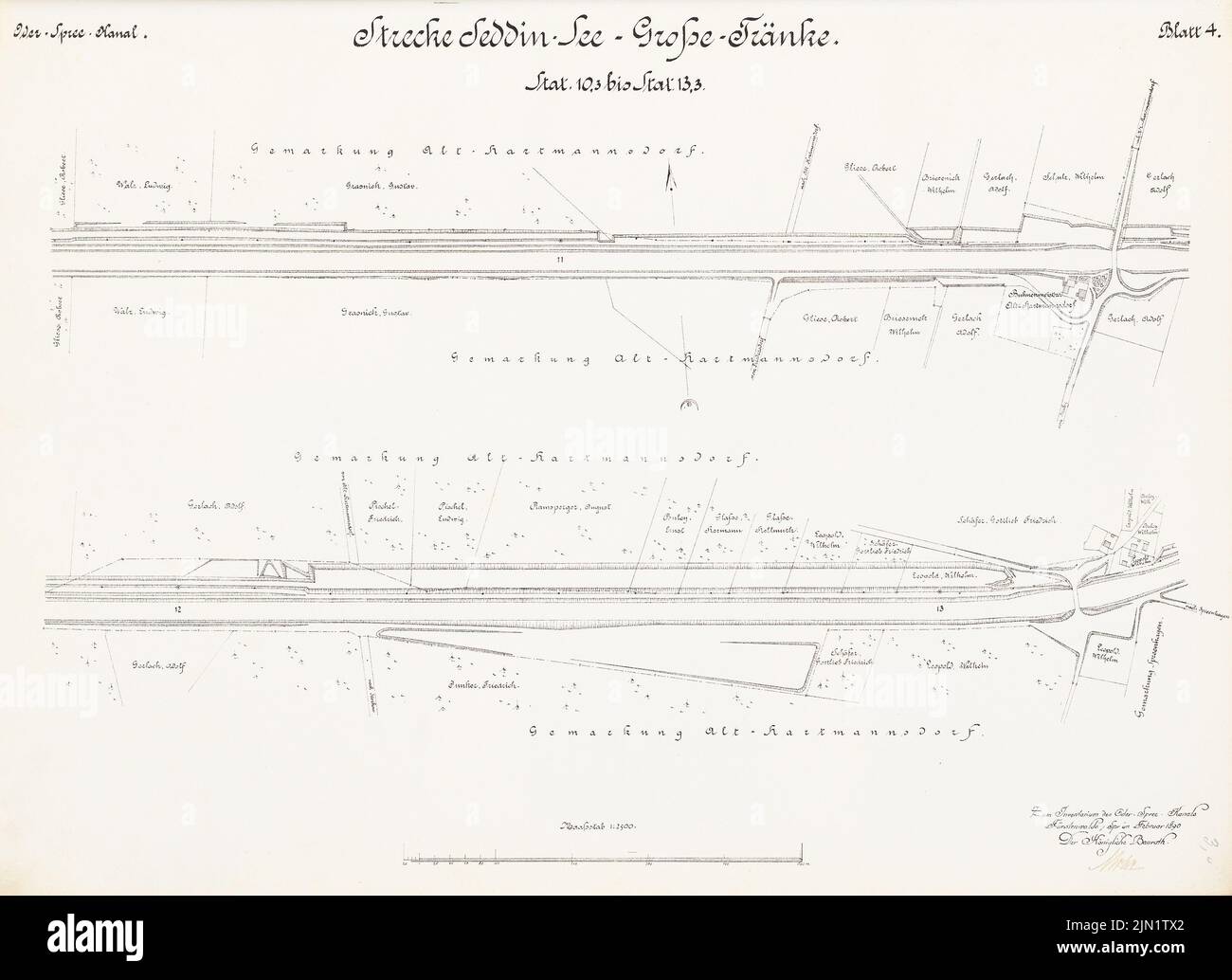 N.N., Oder-Spree Canal. Route Seddensee to Große Tänke (02,1890): Stato 10,3 - 13,3: Pianta del sito 1: 2500. Litografia su carta, 47,1 x 64,8 cm (compresi i bordi di scansione) N. : Oder-Spree-Kanal. Strecke Seddensee bis Große Tränke Foto Stock