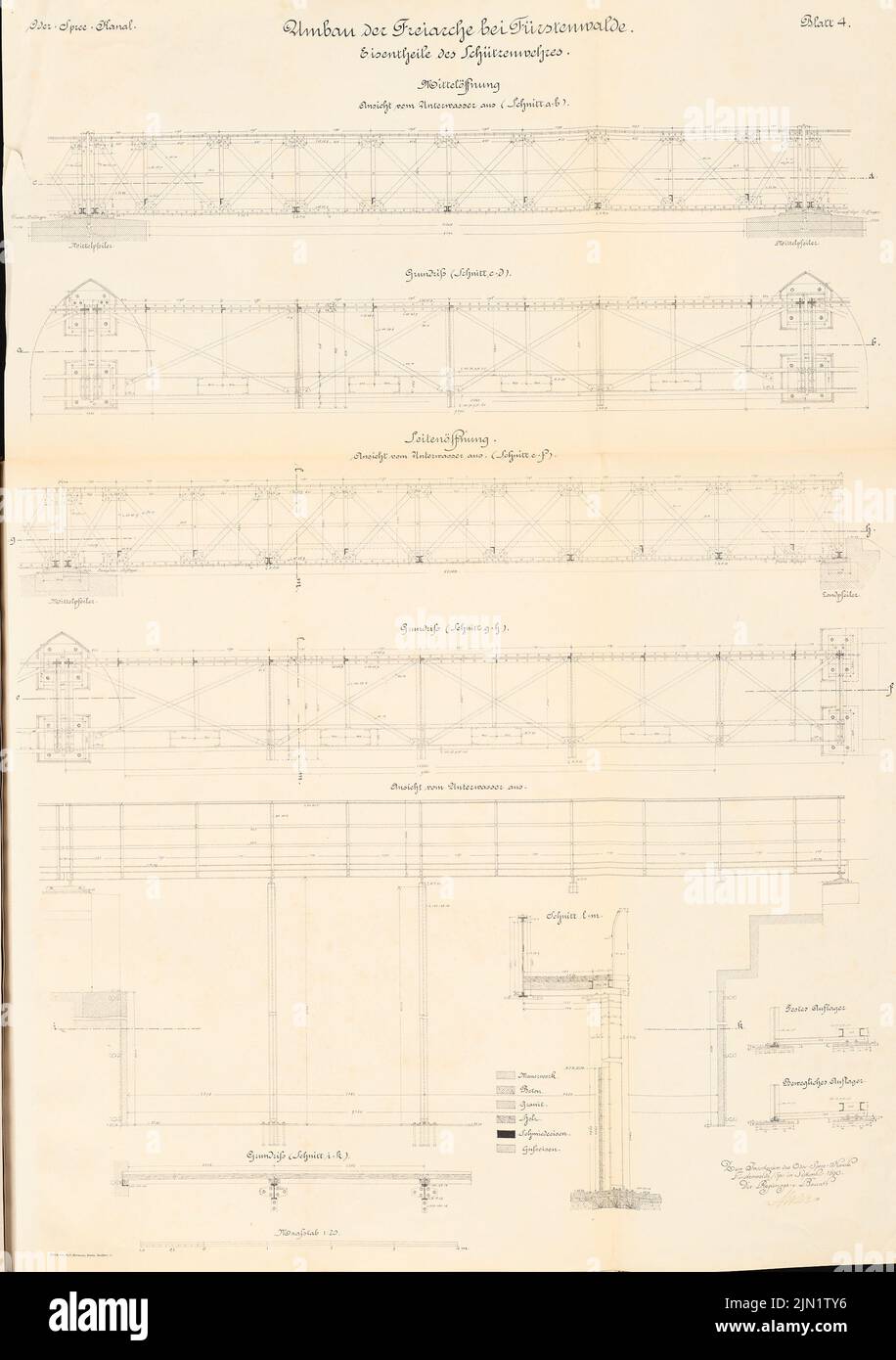 N.N., Oder-Spree Canal. Conversione Frearche, Fürstenwalde/Spree (09,1890): Parti di ghiaccio dell'esercito di tiro: Viste, piani di pavimento, tagli, dettagli 1:20. Litografia su carta, 100,9 x 71,1 cm (compresi i bordi di scansione) N. : Oder-Spree-Kanal. Umbau Freiarche, Fürstenwalde/Spree Foto Stock