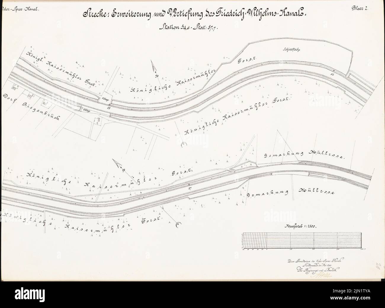 N.N., Oder-Spree Canal. Estensione e approfondimento del canale Friedrich Wilhelm (05,1890): Stato 54,6 - 57,7: Pianta del sito 1: 2500. Litografia su carta, 47,9 x 65,5 cm (compresi i bordi di scansione) N. : Oder-Spree-Kanal. Strecke Erweiterung und Vertiefung des Friedrich-Wilhelm-Kanals Foto Stock