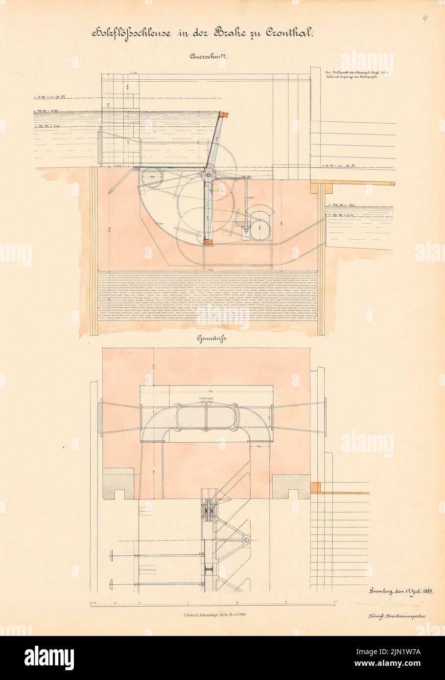 N.N., legno Flößschleuse e Fischpass nel Brahe, Kronthal (01.07.1887): Pianta del pavimento, sezione trasversale. Litografia colorata su carta, 65,2 x 45,6 cm (compresi i bordi di scansione) N. : Holzflößschleuse und Fischpass in der Brahe, Kronthal Foto Stock