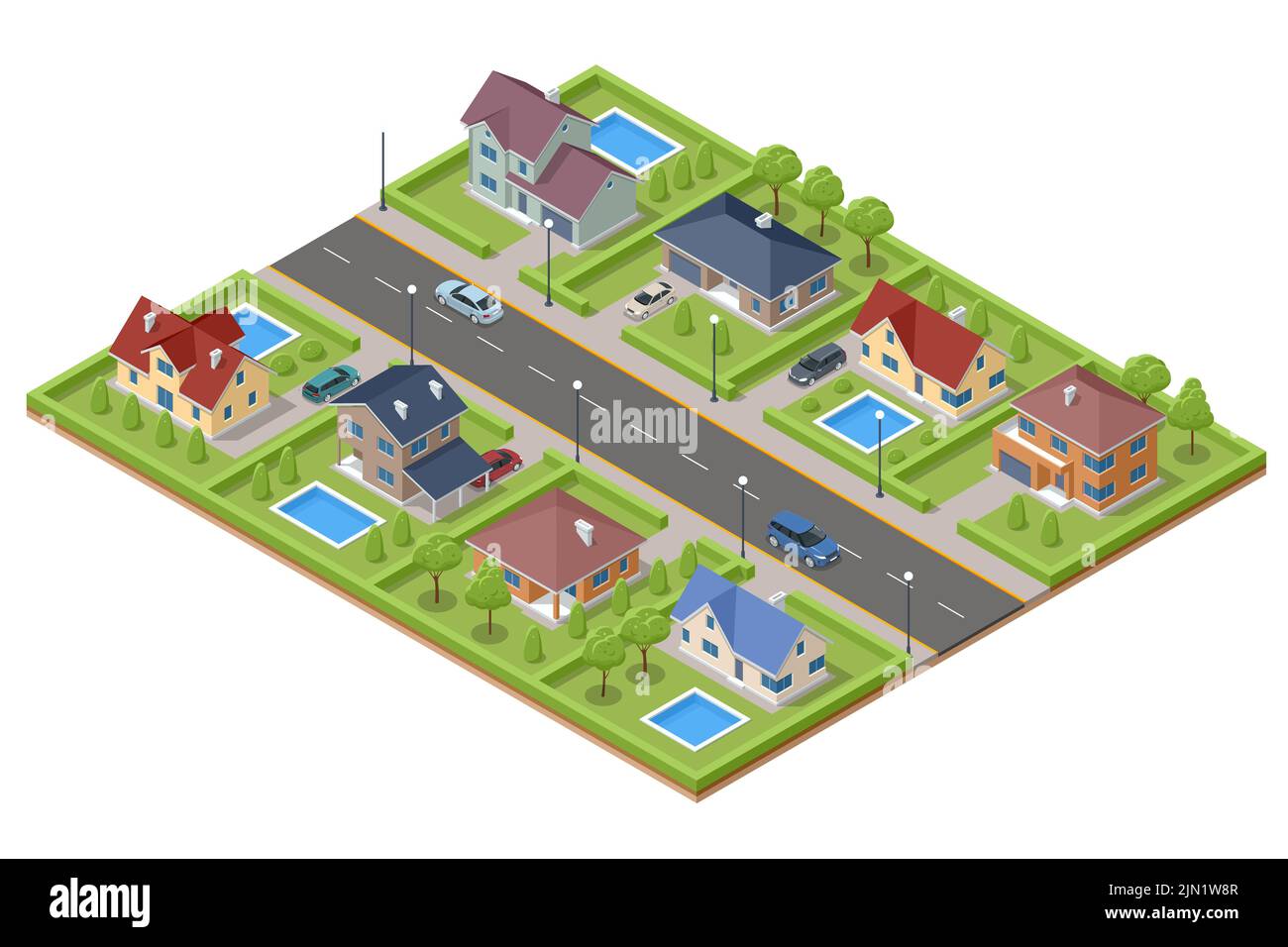 Strada privata isometrica con case private, giardini, automobili. Casa moderna con terrazza e piscina. Case suburbane e di villaggio, case. Illustrazione Vettoriale