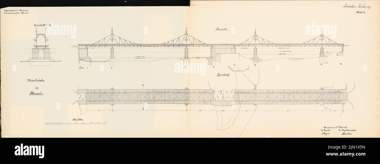 N.N., Weserbrücke, Hameln: Vista, pianta, sezione 1: 200. Litografia su carta, 47,5 x 130,6 cm (compresi i bordi di scansione) N. : Kettenbrücke, Hameln Foto Stock