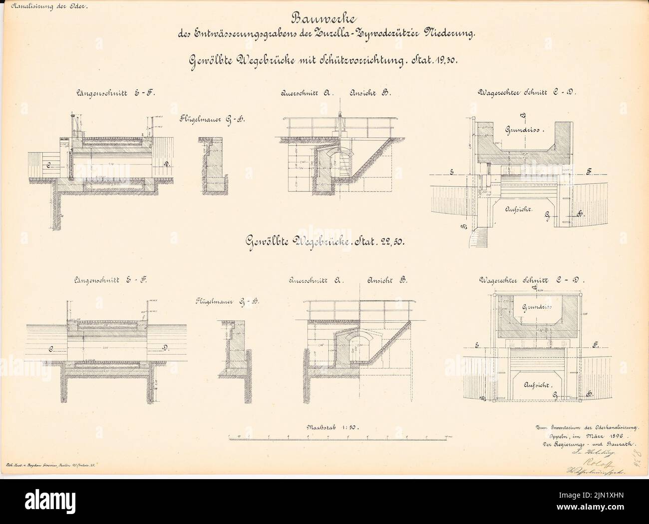 N.N., canalizzazione dell'Oder. Sepoltura edifici, Zuzella-Zywodczütz: Ponti in stat. 19,30 e 22,50: viste, supervisione, planimetrie, tagli 1:50. Litografia su carta, 47,9 x 64,8 cm (compresi i bordi di scansione) N. : Kanalisierung der Oder. Bauwerke des Entwässerungsgrabens, Zuzella-Zywodczütz Foto Stock