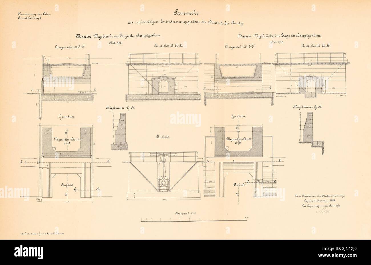 N.N., canalizzazione dell'Oder. Edifici del fosso di drenaggio a destra del barrage, KANTY: Wegenbrücke in Stati 3,88 e 6,36: Viste, supervisione, piani, tagli 1:50. Litografia su carta, 49,4 x 76,5 cm (compresi i bordi di scansione) N. : Kanalisierung der Oder. Bauwerke des rechtsseitigen Entwässerungsgrabens der Staustufe, Konty Foto Stock