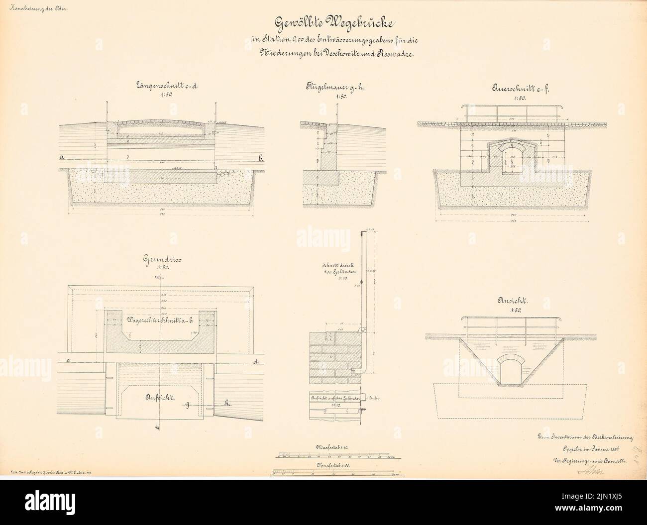 N.N., canalizzazione dell'Oder. Edifici del fosso di drenaggio, Deschowitz-Roswadze: Wegenbrücke nello Stato 0,00: Vista, supervisione, pianta, tagli 1:50, 1:10. Litografia su carta, 47,3 x 63,8 cm (compresi i bordi di scansione) N. : Kanalisierung der Oder. Bauwerke des Entwässerungsgrabens, Deschowitz-Roswadze Foto Stock