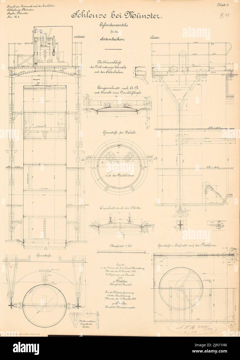 N.N., Dortmund-EMS-Canal. Schleuse, Münster: Valvole a cilindro per le piscine laterali: Piantine, tagli 1:20. Litografia su carta, 70,2 x 50,1 cm (compresi i bordi di scansione) N. : Dortmund-EMS-Kanal. Schleuse, Münster Foto Stock