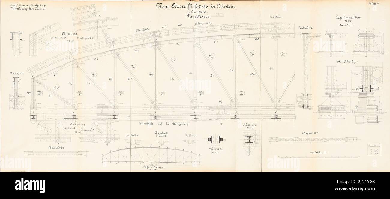 N.N., New Oder Pre -Flutbrücke, Küstrin: Portatore principale: Viste, pianta del pavimento, tagli, dettagli 1: 100, 1:20, 1:10. Litografia su carta, 66,1 x 149,8 cm (compresi i bordi di scansione) N. : Neue Odervorflutbrücke, Küstrin Foto Stock