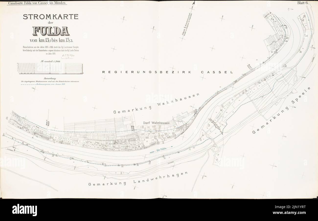 N.N., incanalato Fulda da Kassel a Hannoverch Münden: Mappa di potenza del Fulda dal KM 13,1 al 15,3: Piano dipendente 1: 2000. Litografia colorata su carta, 63,1 x 100,5 cm (compresi i bordi di scansione) N. : Kanalisierte Fulda von Kassel bis Hann. Münden Foto Stock