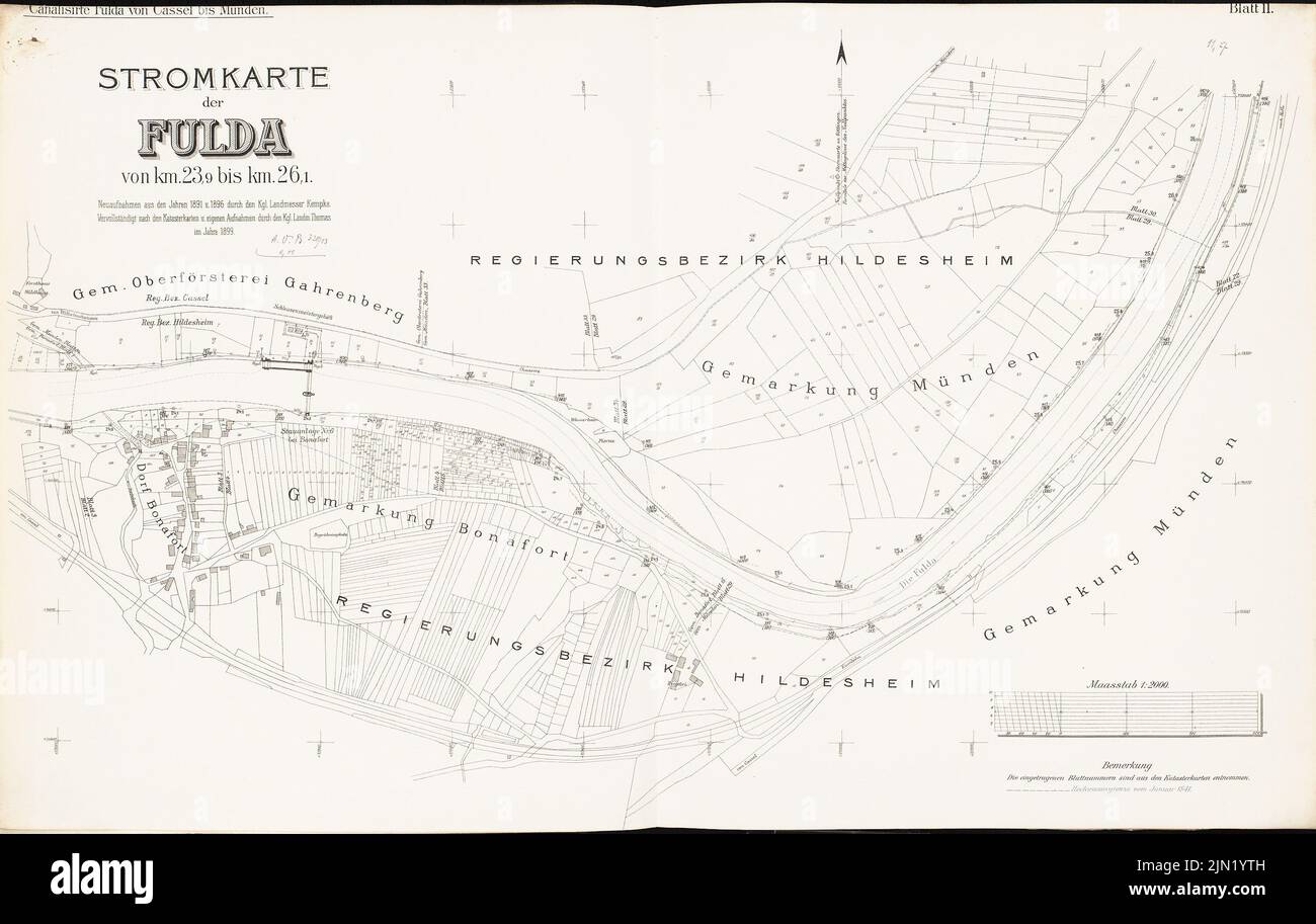 N.N., incanalato Fulda da Kassel a Hannoverch Münden: Mappa del potere della Fulda dal KM 23,9 al 26,1: Dipartimento 1: 2000. Litografia colorata su carta, 63,2 x 99,8 cm (compresi i bordi di scansione) N. : Kanalisierte Fulda von Kassel bis Hann. Münden Foto Stock