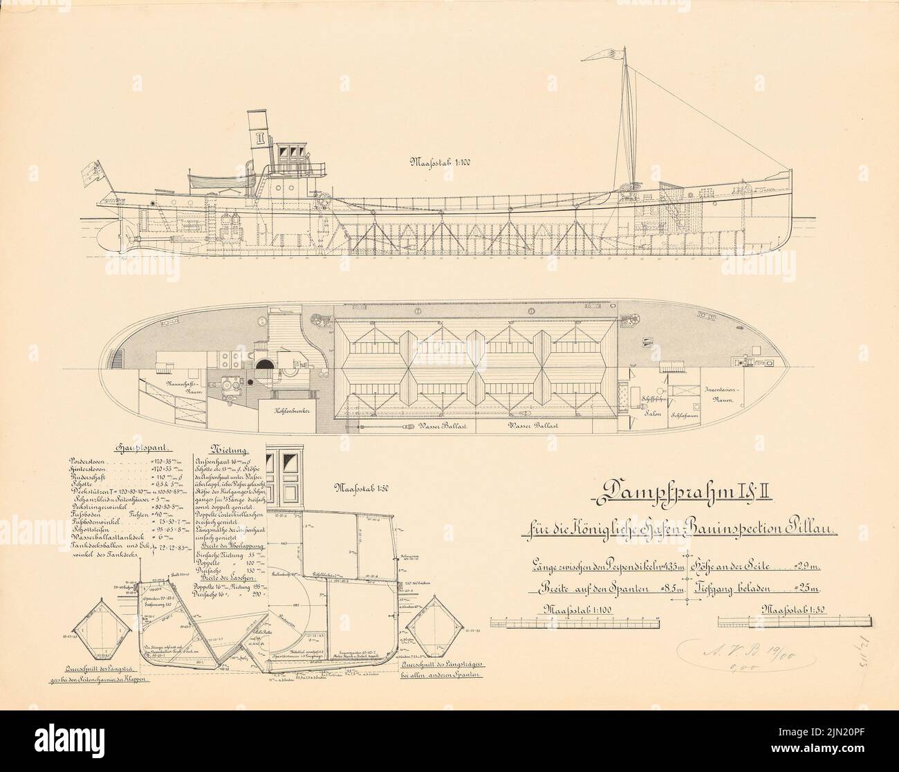 N.N., Steampahm i u. II dell'ispezione della costruzione del porto, pilastro: Tagli 1:100, 1:50. Litografia su carta, 45,7 x 57,9 cm (compresi i bordi di scansione) N. : Dampfprahm i u. II der Hafenbauinspektion, Pillau Foto Stock