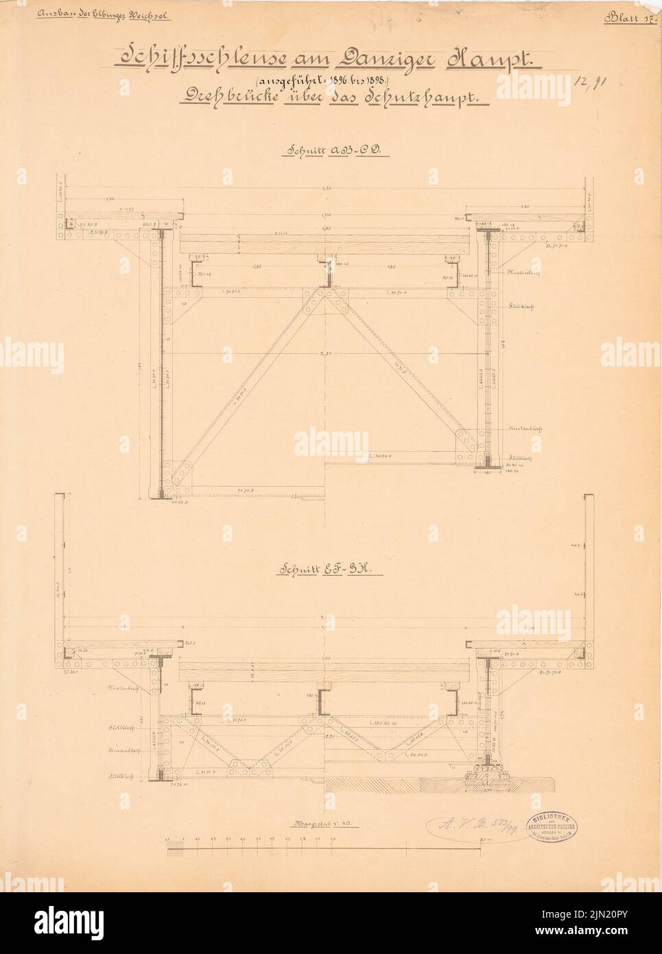 N.N., Danziger Haupt lock, Gdansk: Ponte di distretto sopra la testa di protezione: Tagli 1:10. Rottura leggera su carta, 59,6 x 44,3 cm (compresi i bordi di scansione) N. : Schleuse Danziger Haupt, Danzig Foto Stock