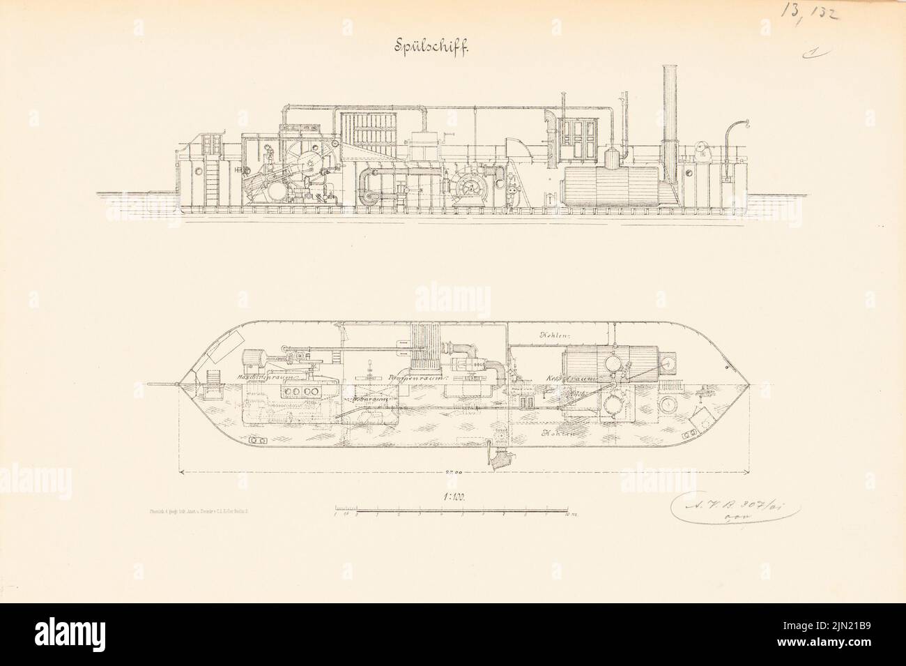 N.N., nave di risciacquo: Tagli 1: 100. Litografia su cartone, 28,3 x 42,5 cm (compresi i bordi di scansione) N. : Spülschiff Foto Stock