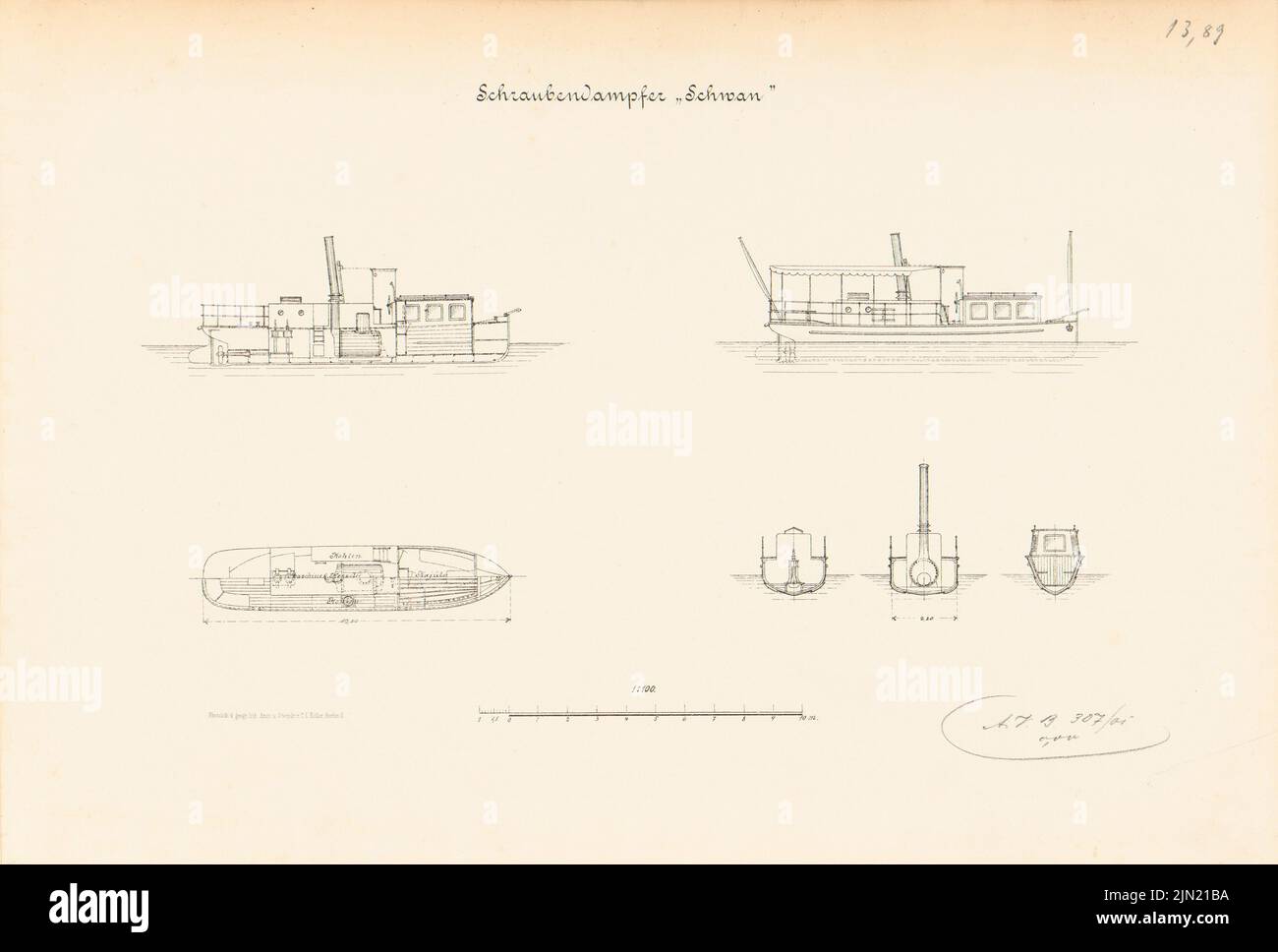 N.N., vaporetto »Schwan«: Vista, tagli 1: 100. Litografia su cartone, 28,8 x 42,7 cm (compresi i bordi di scansione) N. : Schraubendampfer »Schwan« Foto Stock