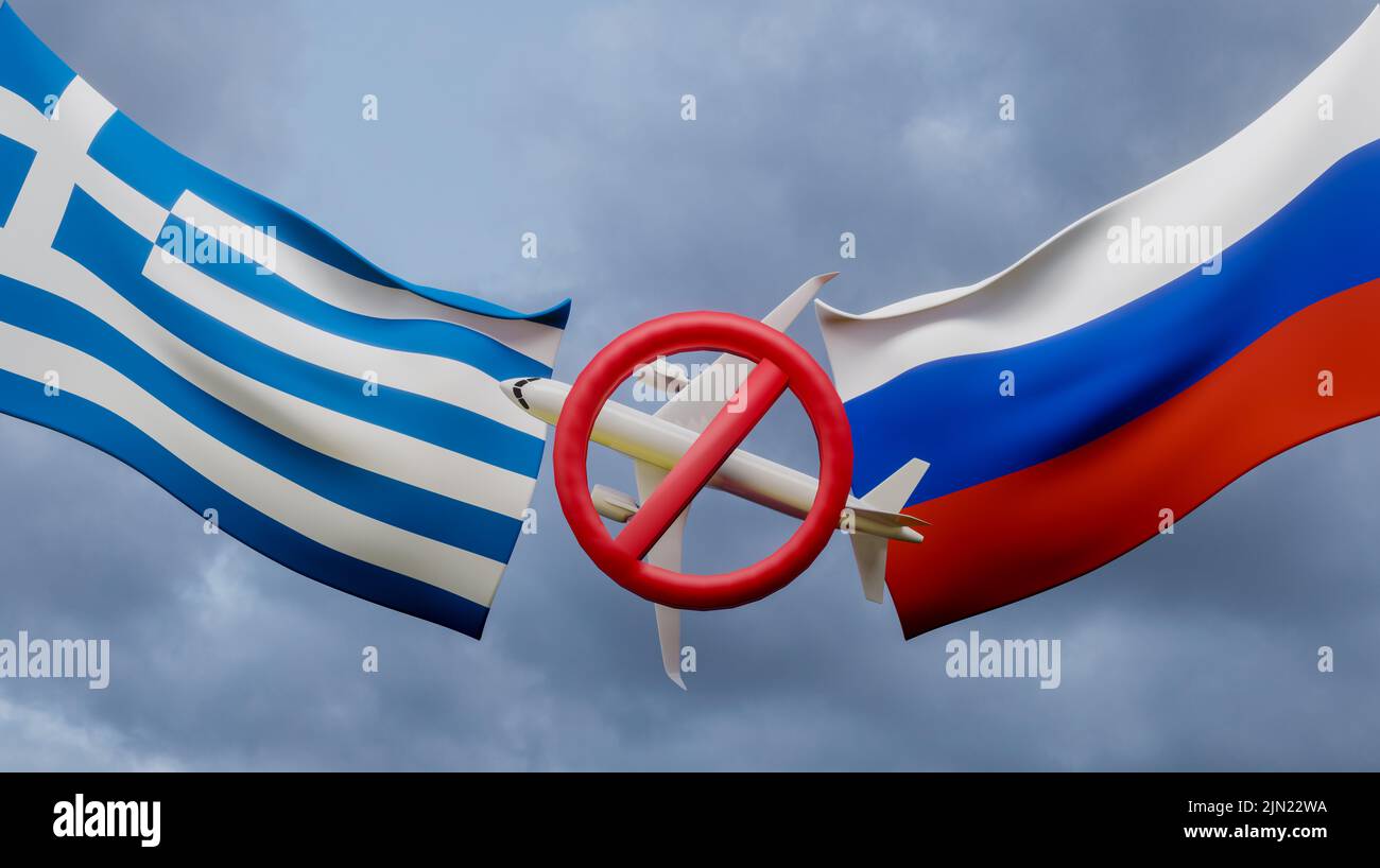Nessun viaggio in aereo cielo chiuso tra la Grecia e la Russia, trasporto aereo vietato tra la Grecia e la Russia, sanzioni sui voli russi, cielo chiuso da Ru Foto Stock