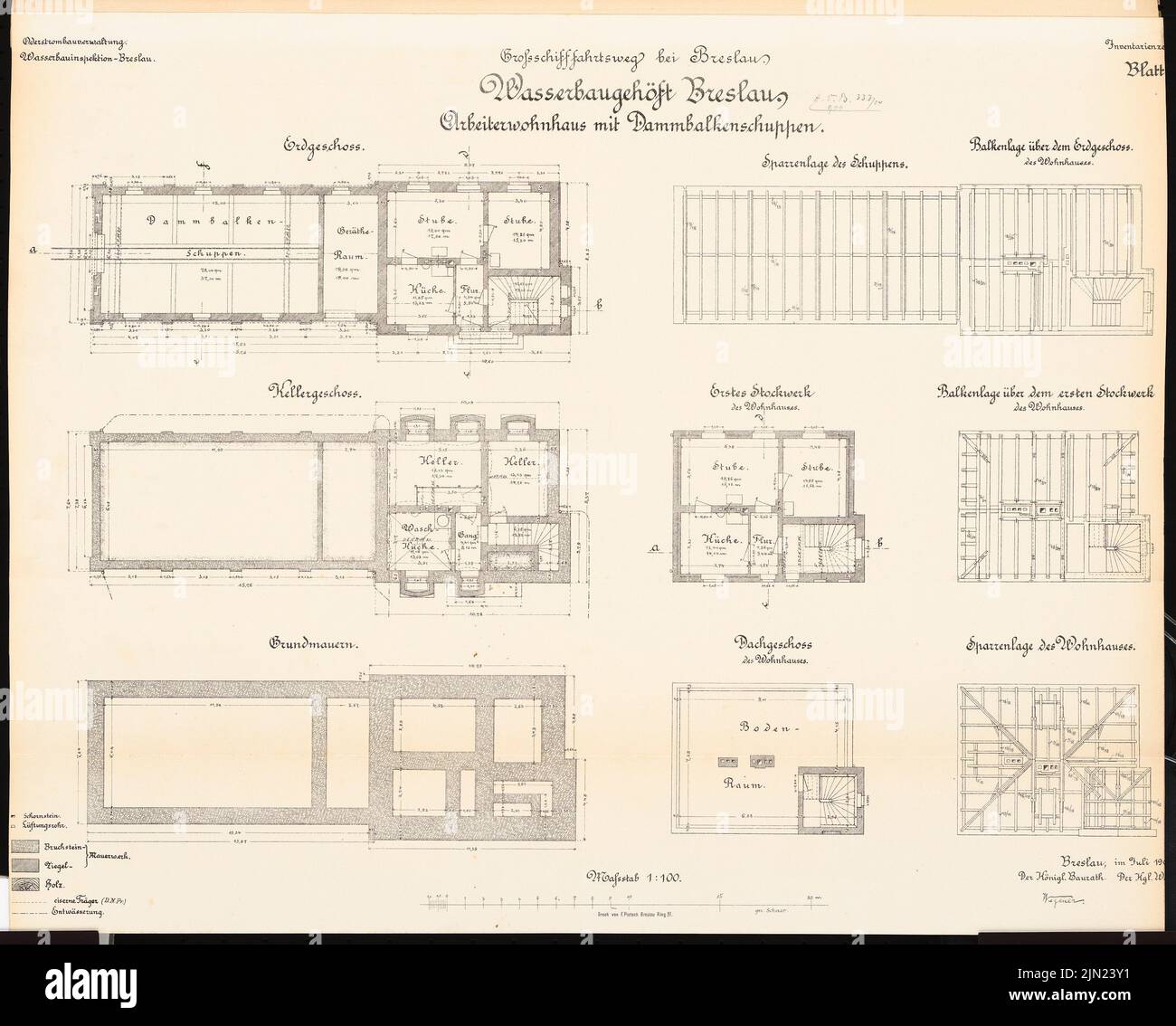 N.N., Großschiffahrtsweg, Wroclaw. Hydown farm: Edificio residenziale con scale di sbarramento: Piantine 1: 100. Litografia su cartone, 51,4 x 64 cm (inclusi i bordi di scansione) Foto Stock