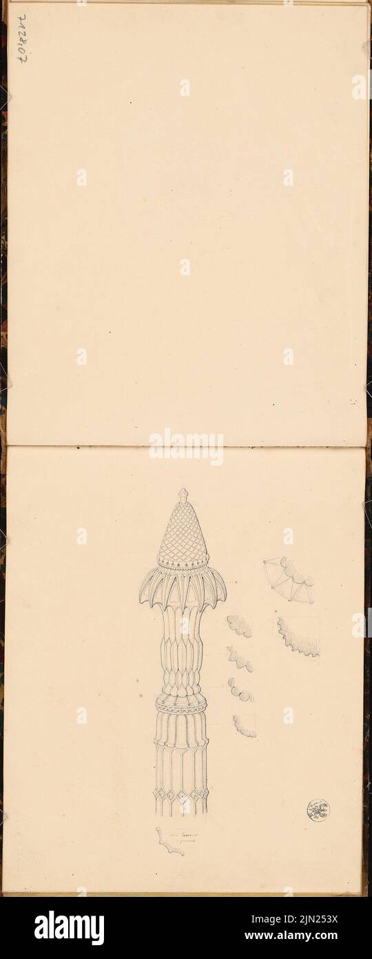 Bull Gustav (1807-1880), schedario: Ornamenti vegetali, alcuni schizzi da costruzione (senza dat.): Ornamentali floreali. Matita su carta, 50,9 x 21,2 cm (inclusi i bordi di scansione) Foto Stock