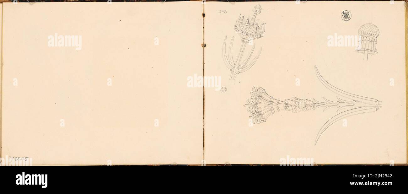 Bull Gustav (1807-1880), schedario: Ornamenti vegetali, alcuni schizzi da costruzione (senza dat.): Dettagli floreali. Matita su carta, 20,8 x 51,1 cm (inclusi i bordi di scansione) Foto Stock