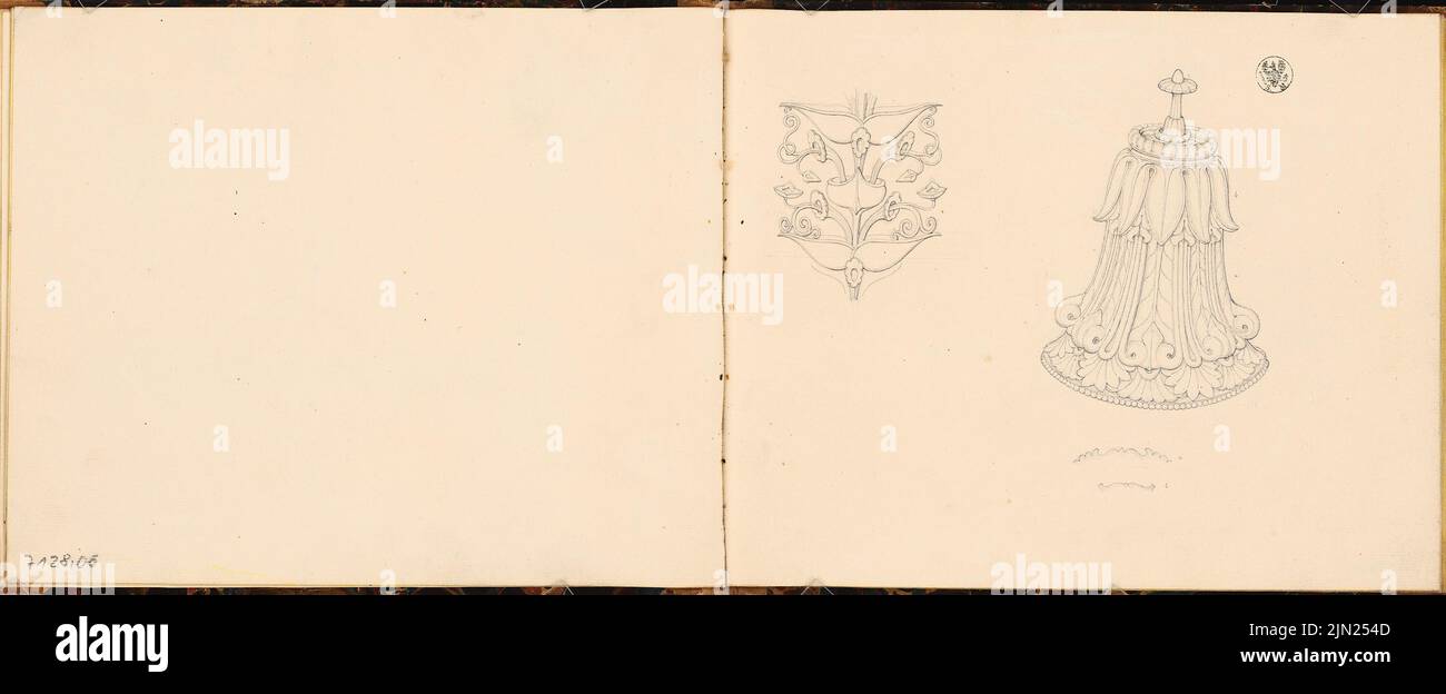 Bull Gustav (1807-1880), schedario: Ornamenti vegetali, alcuni schizzi da costruzione (senza dat.): Ornamentali floreali. Matita su carta, 21 x 51,1 cm (inclusi i bordi di scansione) Foto Stock