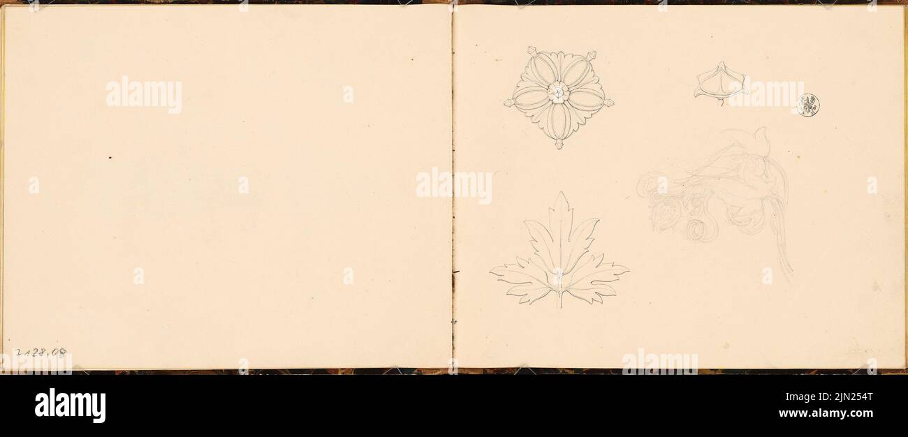 Bull Gustav (1807-1880), schedario: Ornamenti vegetali, alcuni schizzi da costruzione (senza dat.): Dettagli delle foglie. Matita su carta, 21 x 50,9 cm (inclusi i bordi di scansione) Foto Stock