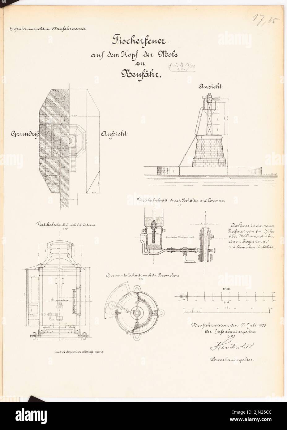 N.N., fuoco Fischer sulla testa del talco, Gdansk-Neufahrwasser: Vista, pianta, tagli 1: 100, 1:10, 1: 5. Litografia su carta, 46,8 x 33,4 cm (inclusi i bordi di scansione) Foto Stock