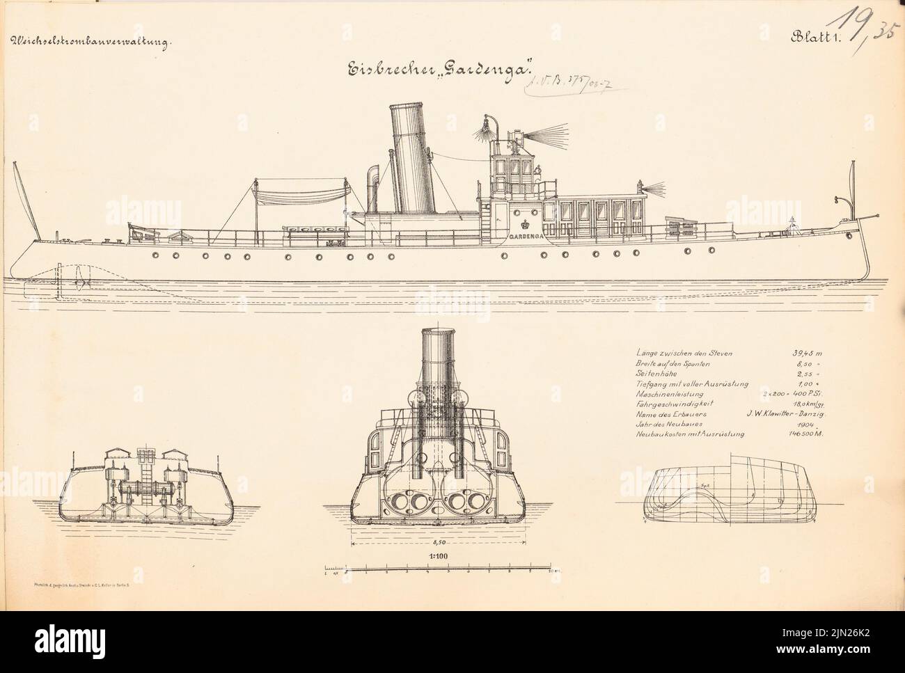 N.N., Eisbrecher »Gardenga«: Vista, tagli 1: 100. Litografia su cartone, 29,7 x 44 cm (inclusi i bordi di scansione) Foto Stock