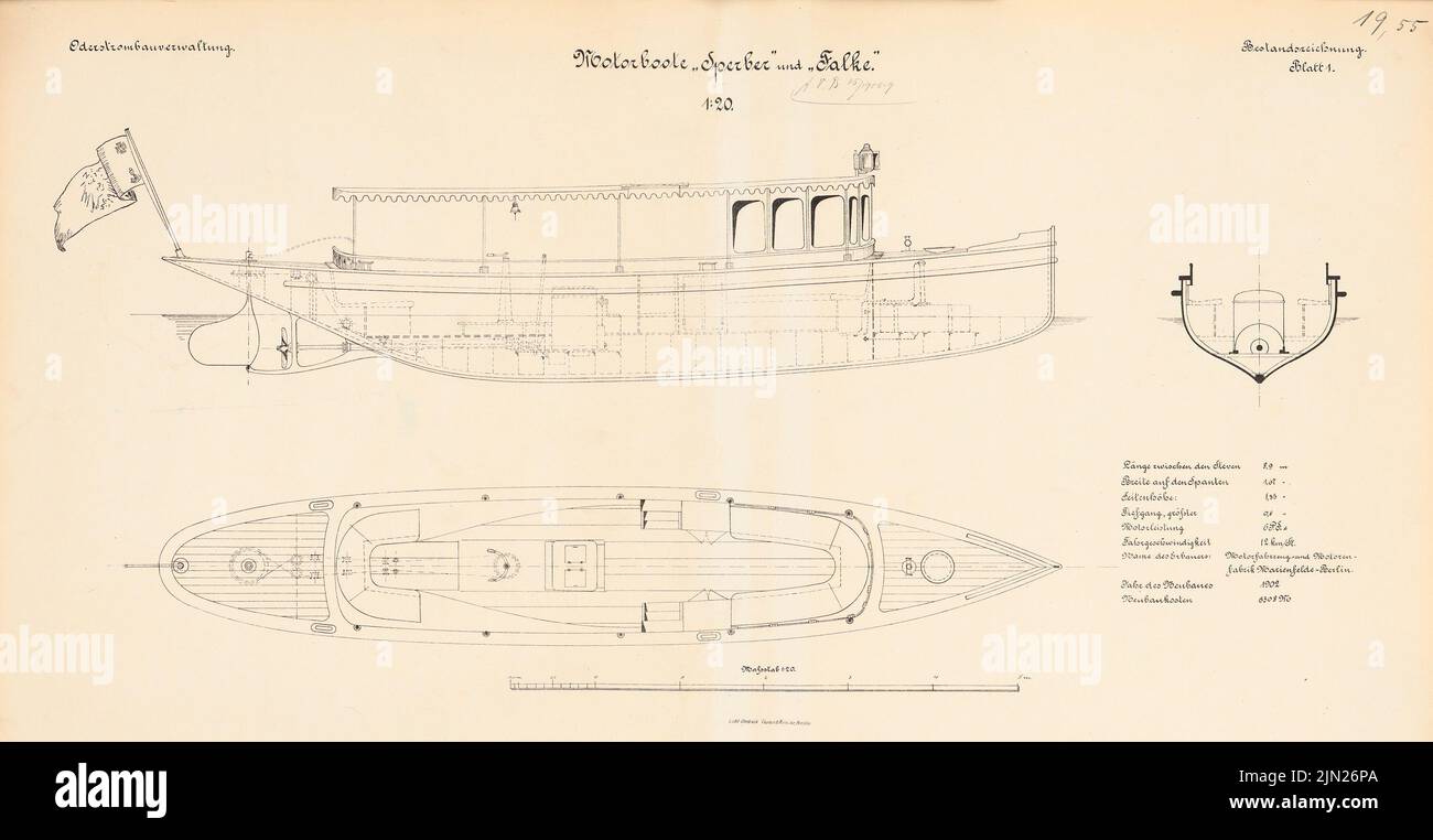 N.N., motoscafo 'Sperber' e 'Falke': Pianta, tagli 1:20. Litografia su cartone, 43,5 x 84 cm (inclusi i bordi di scansione) Foto Stock