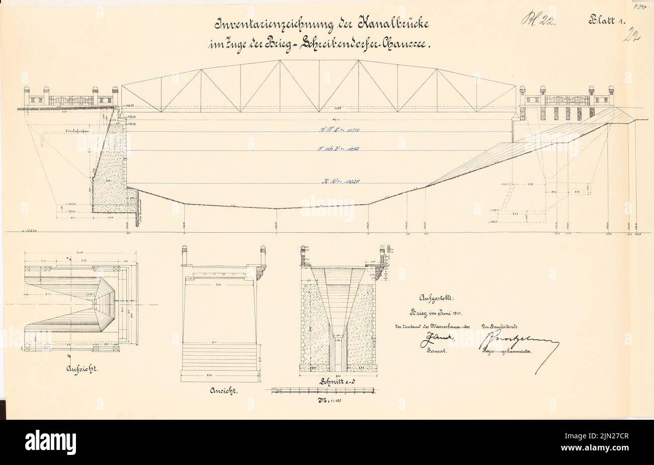 N.N., Ponte del canale nel corso del Brieg-Schreibendorfer Chaussee, Brieg: Viste, supervisione, media 1: 100. Litografia su carta, 44,9 x 70 cm (inclusi i bordi di scansione) Foto Stock