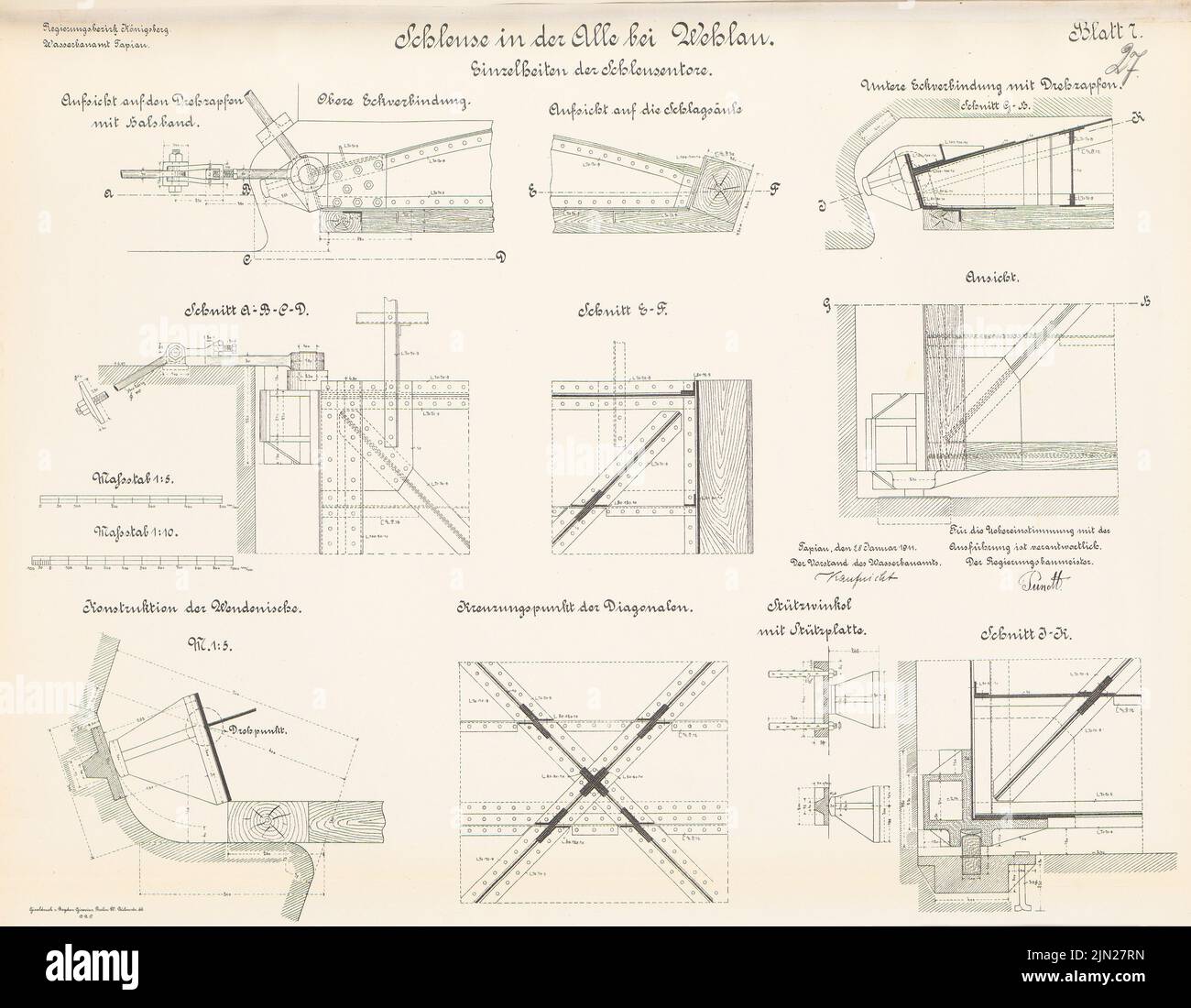 N.N., lock in the all, Wehlau: Lock gate: View, cut, details 1:10, 1: 5. Litografia su cartone, 49,3 x 63,4 cm (inclusi i bordi di scansione) Foto Stock