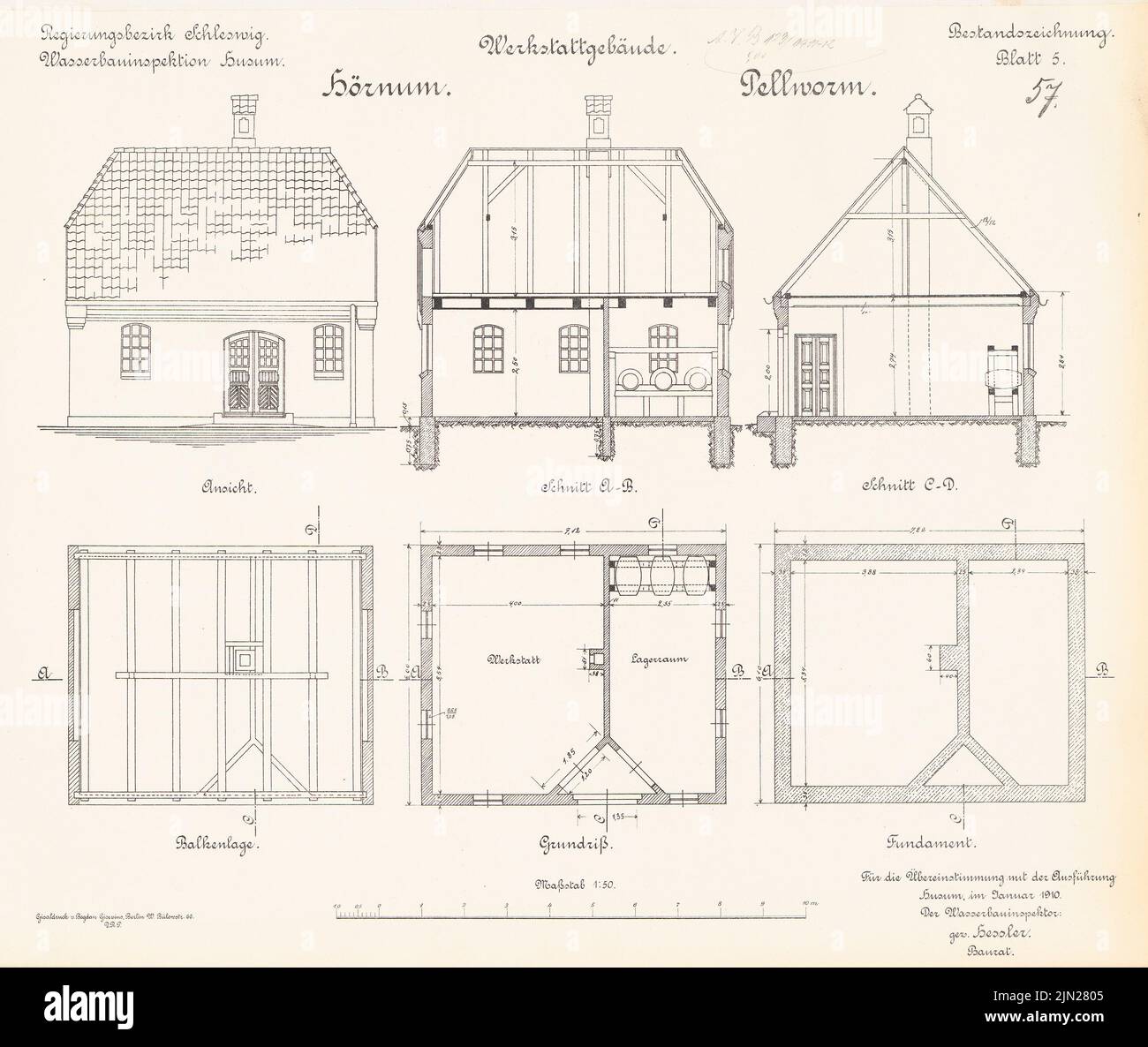 N.N., impianto antincendio illuminato, Pellworm: Officina Hörnum e Pellworm: Vista, pianta, tagli 1:50. Litografia su cartone, 44,5 x 52,7 cm (inclusi i bordi di scansione) Foto Stock