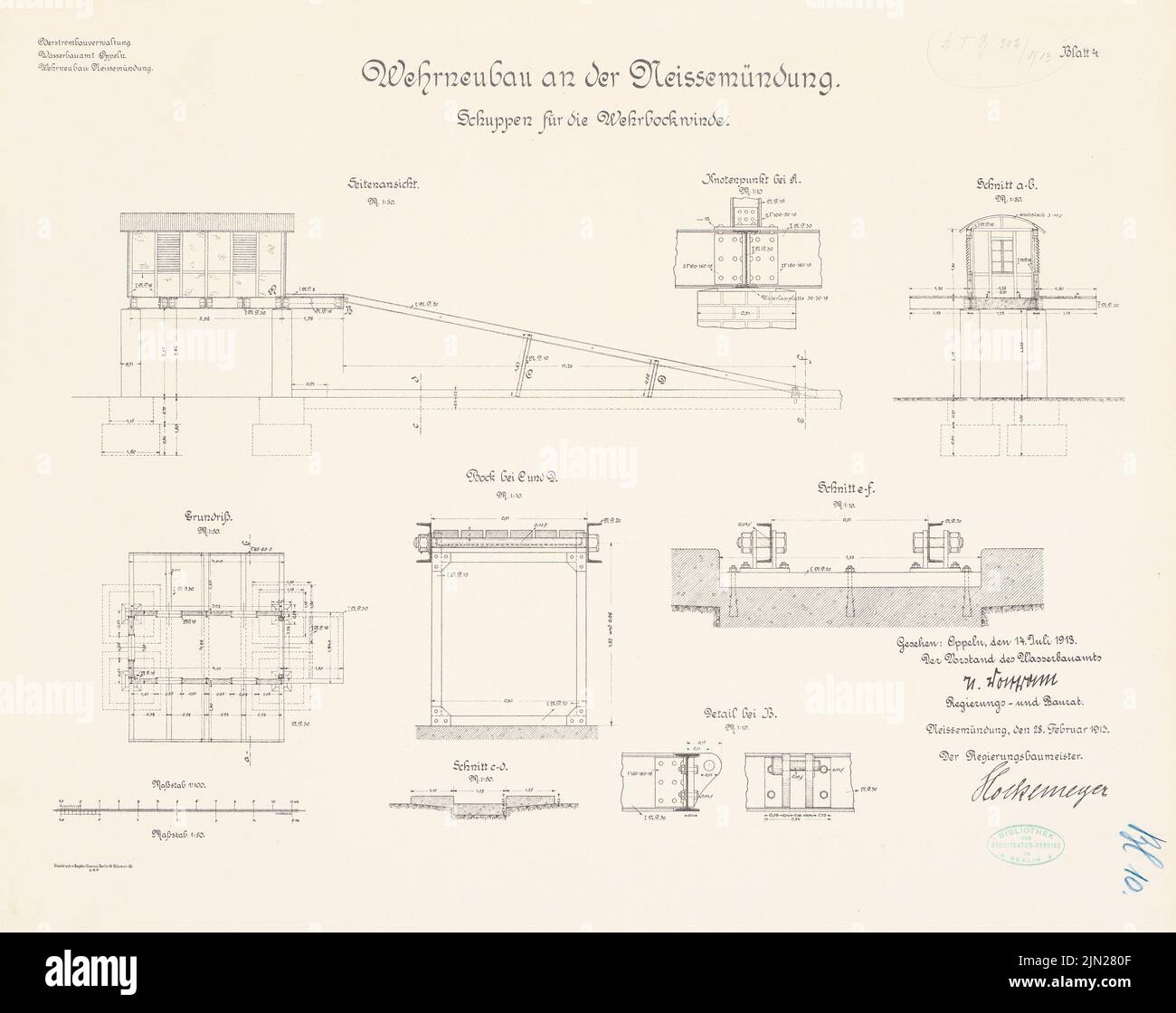 N.N., Wehr nuovo edificio al Giudizio, Riebnig: Dandruff per il Wehrbockwinde: Vista, pianta, tagli, dettagli 1: 100, 1:50, 1:10. Litografia su cartone, 47,8 x 60,2 cm (inclusi i bordi di scansione) Foto Stock