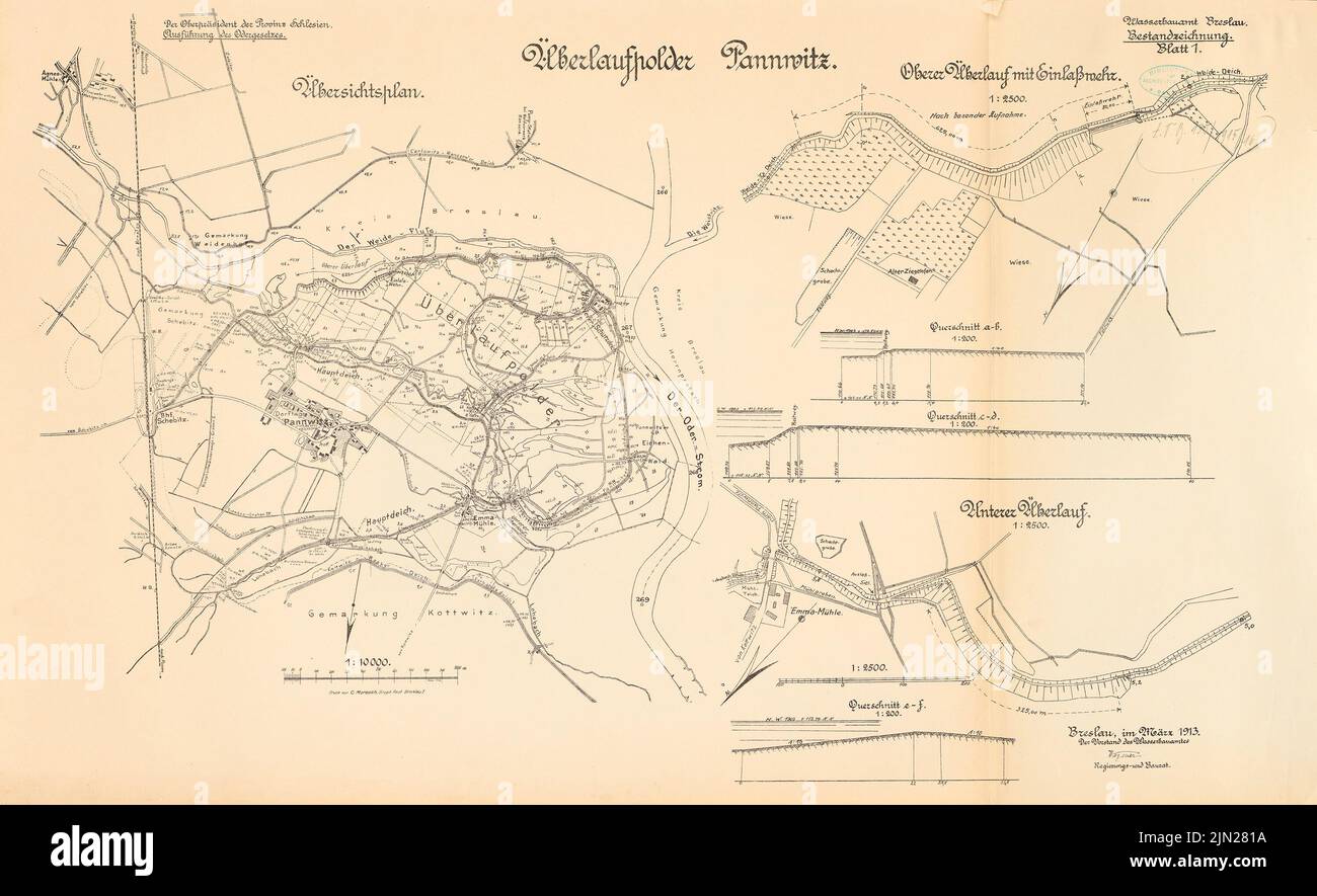 N.N., polder overflow, Pannwitz: Pianta del sito 1: 10000, 1: 2500, taglio 1: 200. Litografia su carta, 50,9 x 83,2 cm (inclusi i bordi di scansione) Foto Stock
