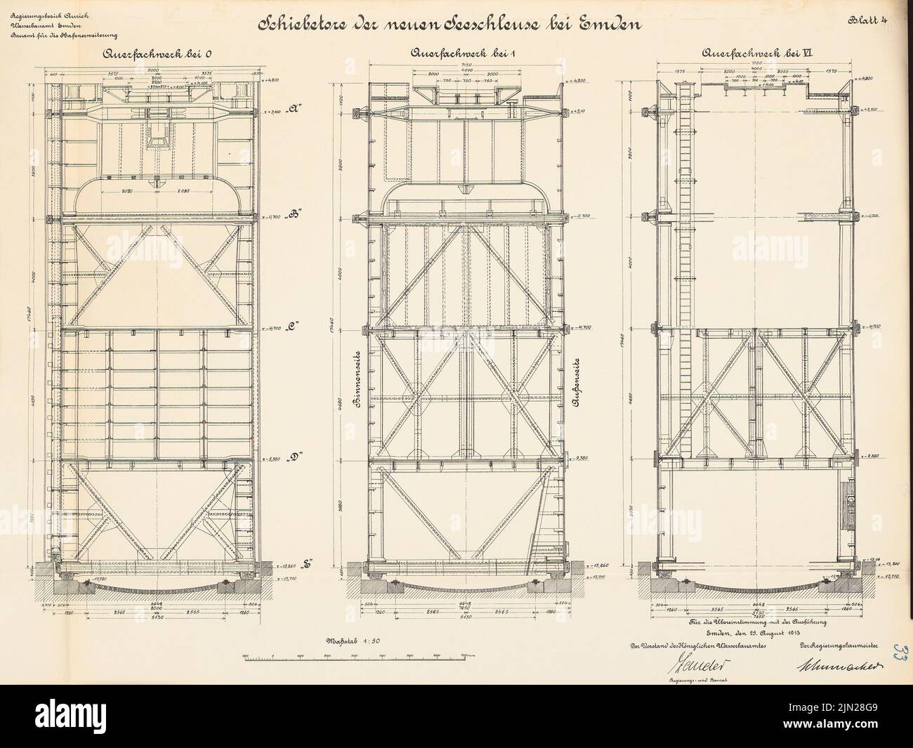 N.N., nuova serratura a mare, Emden: Cancelli scorrevoli, cross-trial: Tagli 1:50. Litografia su cartone, 49,3 x 65,6 cm (inclusi i bordi di scansione) Foto Stock