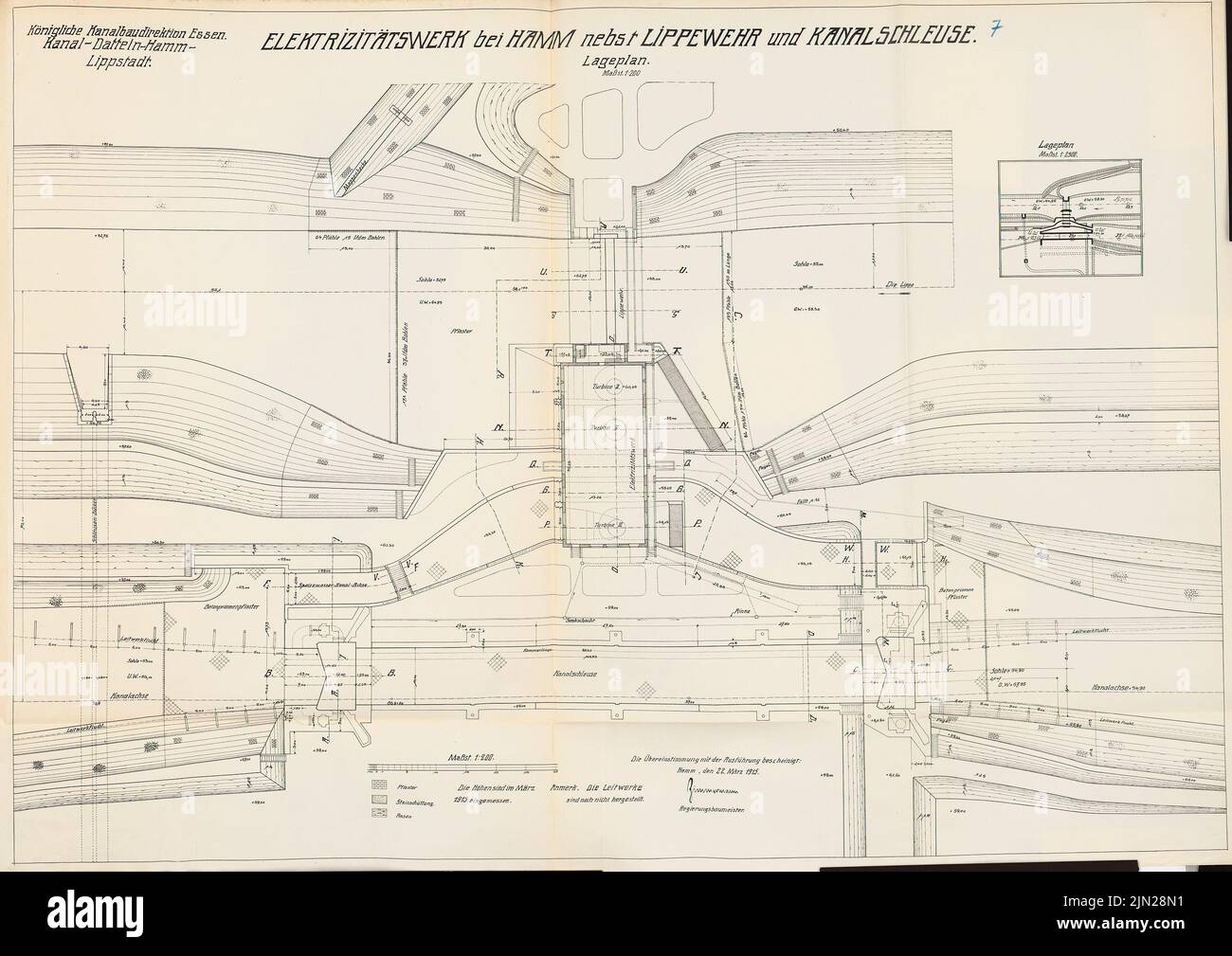 N.N., Canal Datteln-Hamm-Lippstadt. Centrale elettrica con il peso del labbro e la serratura del canale, Hamm: Pianta del sito 1: 2500, 1: 200. Litografia su carta, 72,3 x 102,1 cm (inclusi i bordi di scansione) Foto Stock