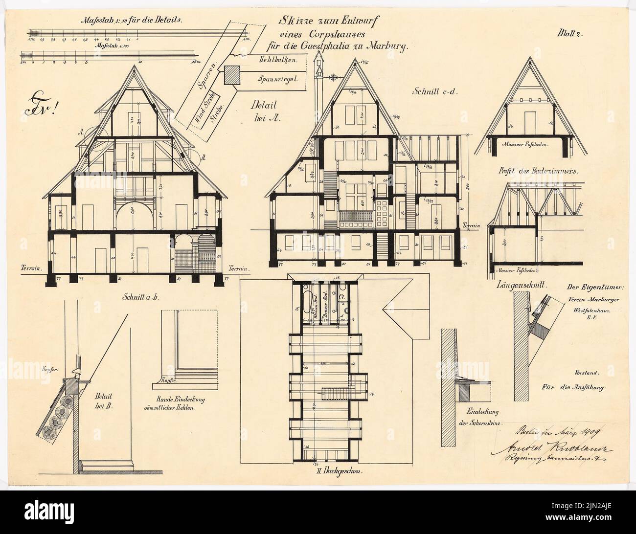 Knoblauch Gustav (1833-1916), Corpshaus Guestphalia, Marburg: Piano 2nd attico, taglio, CD, taglio attraverso il tetto e bagno, 5 dettagli. Inchiostro su trasparente, 45,7 x 59,3 cm (inclusi i bordi di scansione) Foto Stock