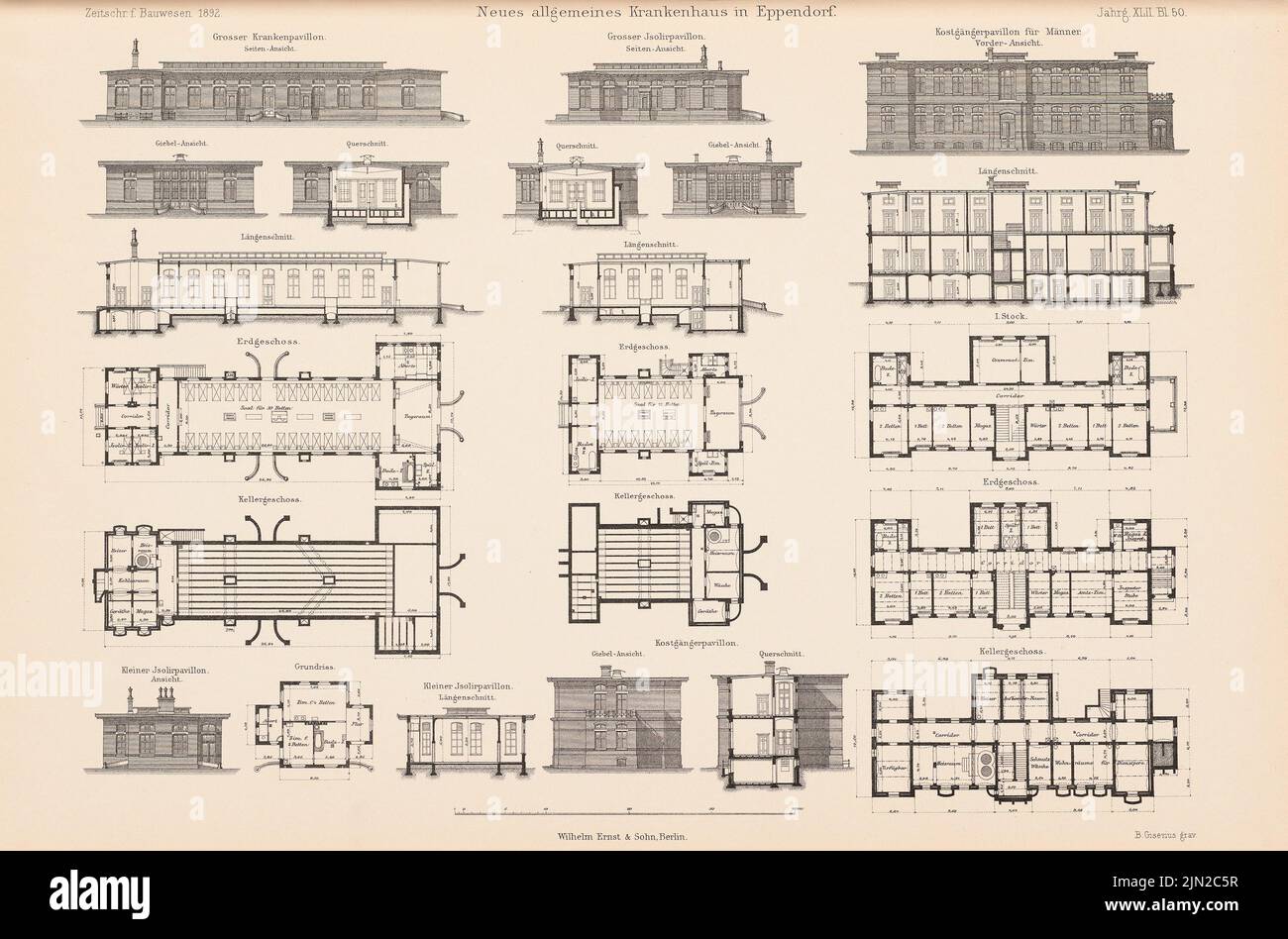 N.N., New General Hospital, Hamburg-Eppendorf. (Da: Atlas alla rivista for Building, ed. V. Ministero dei lavori pubblici, Jg. 42, 1892): Viste, planimetrie, tagli. Cucitura su carta, 28,7 x 43,4 cm (inclusi i bordi di scansione) Foto Stock