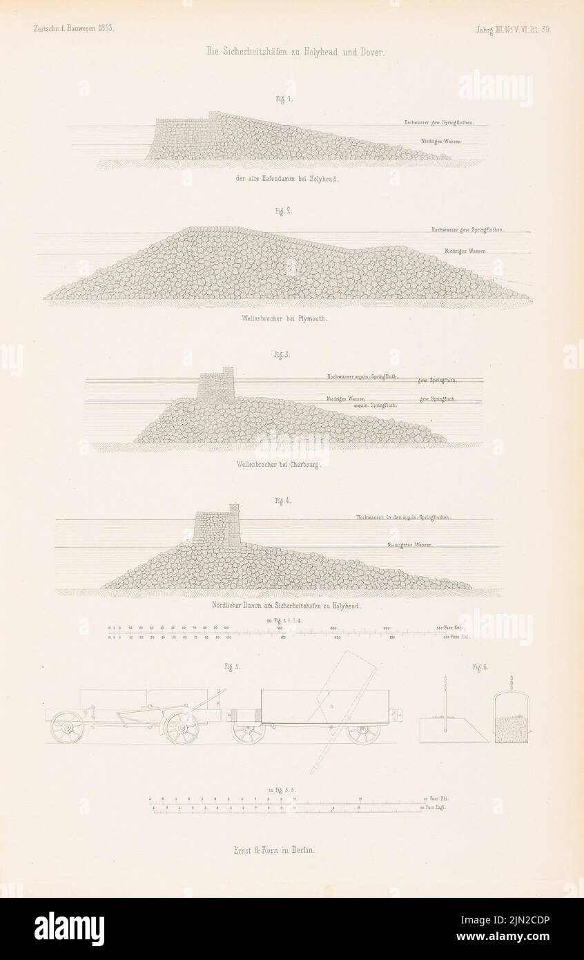 N.N., porto di sicurezza, Holyhead, dover. (Da: Atlas alla rivista for Building, ed. V. G. Erbkam, Jg. 3, 1853): tagli. Cucitura su carta, 42,6 x 27,8 cm (inclusi i bordi di scansione) Foto Stock