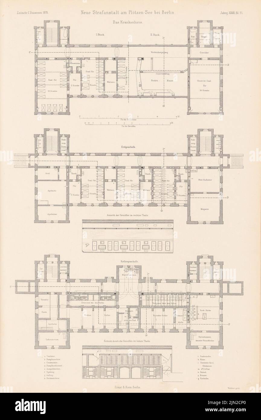 Spieker Paul (1826-1896), Pl. (Da: Atlas alla rivista for Building, ed. V. G. Erbkam, nato il 28, 1878): Ospedale: Grundrisse KG, EG, 1st e 2nd piano, forni di riscaldamento. Cucitura su carta, 42,4 x 28,2 cm (inclusi i bordi di scansione) Foto Stock