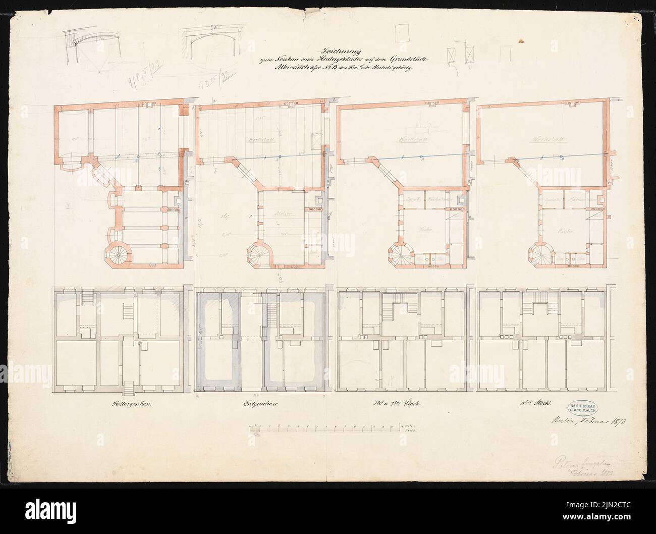 Knoblauch & Wex, casa Gebr. Micheli, Berlin-Mitte: No. 15: Grundriss KG, EG 1st e 2nd piano, 3rd piano. Inchiostro, matita, acquarello su carta, 52,3 x 70,3 cm (inclusi i bordi di scansione) Foto Stock