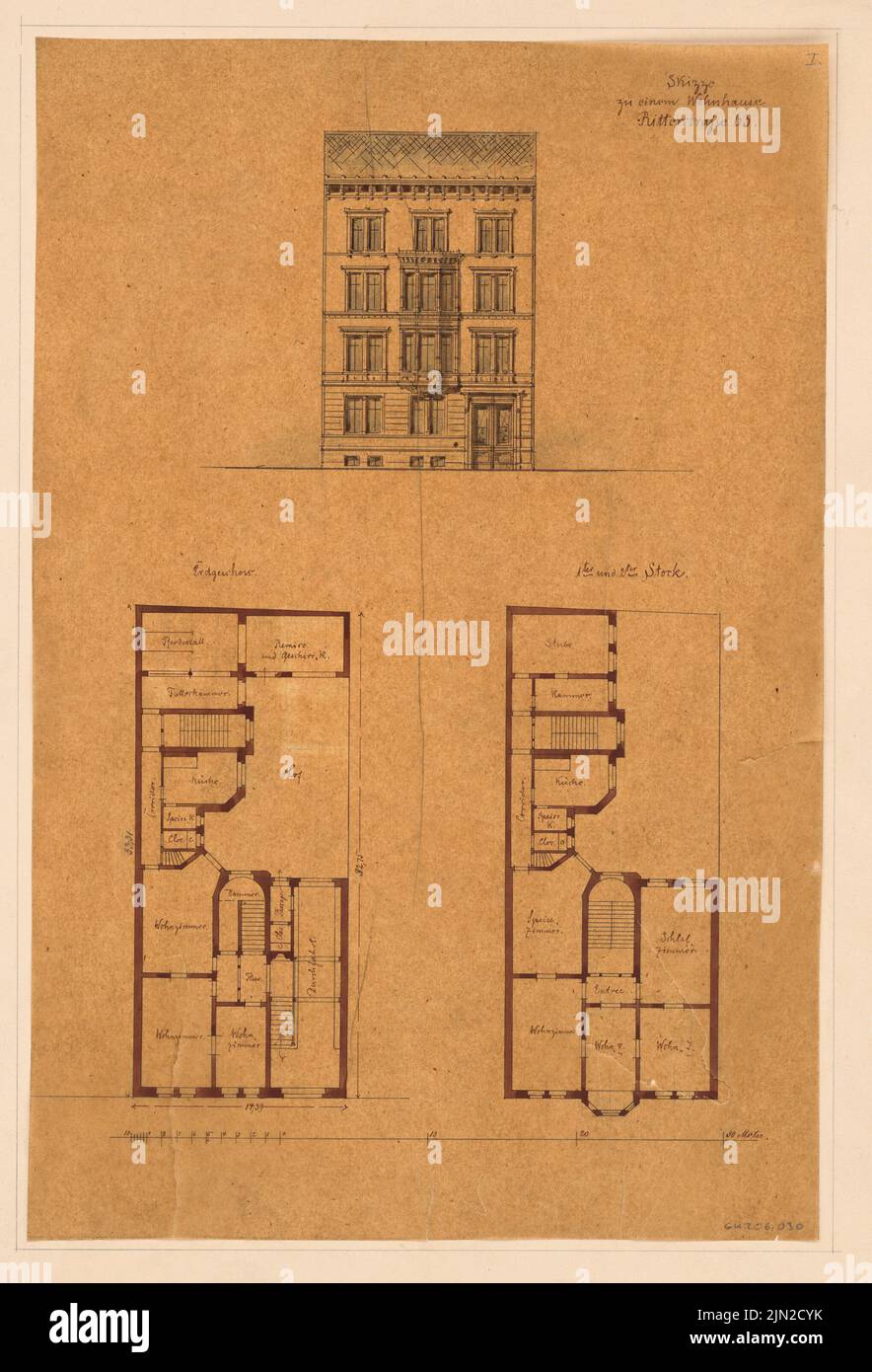 Knoblauch & Wex, Ritterstraße 61-65 edifici residenziali, Berlino: Casa No. 63: Vista, pianta EG e 1./2. OG. Acquerello Tusche su trasparente, 43,2 x 29,4 cm (inclusi i bordi di scansione) Foto Stock