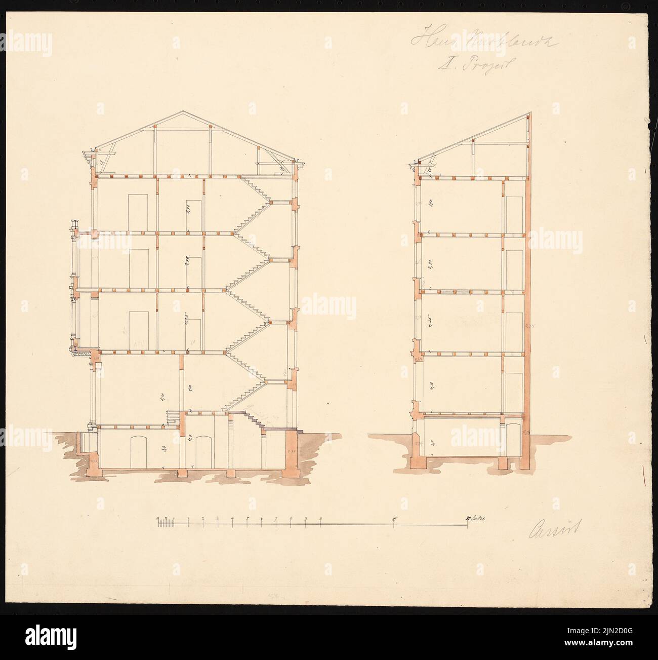 Knoblauch & Wex, Ritterstraße 61-65 edifici residenziali, Berlino: Knoblauch No. 64 (fase di progettazione 1st): 2 tagli. Acquerello Tusche su carta, 42 x 45 cm (inclusi i bordi di scansione) Foto Stock