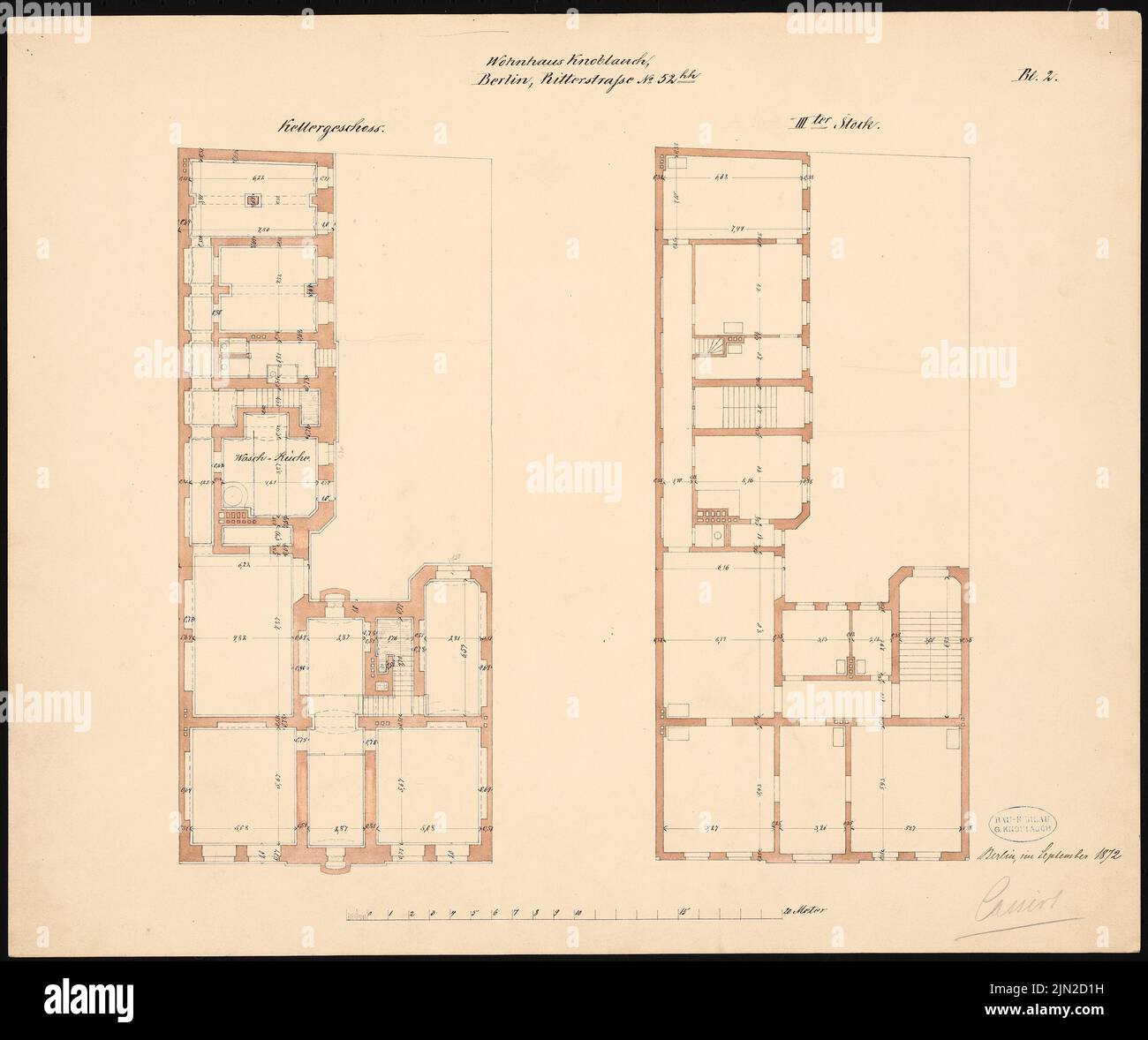 Knoblauch & Wex, Ritterstraße 61-65 edifici residenziali, Berlino: Knoblauch No. 65: Grundriss KG, 3rd piano. Inchiostro, acquerello colorato su carta, 46,3 x 55,3 cm (inclusi i bordi di scansione) Foto Stock