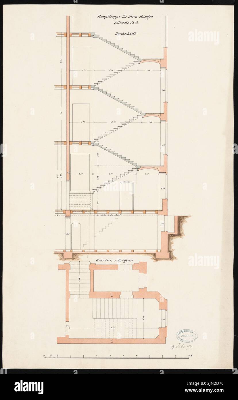 Knoblauch & Wex, Ritterstraße 61-65 edifici residenziali, Berlino: Knoblauch No. 65: Piano di taglio e piano della scala. Acquerello Tusche su carta, 56,5 x 36 cm (inclusi i bordi di scansione) Foto Stock