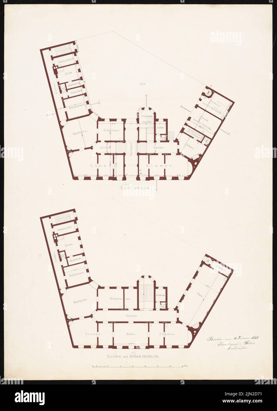 Hollin & Knoblauch, edificio residenziale Banker Mossner, Berlin-Mitte: Grundriss 1st piano e 2./3. OG. Acquerello Tusche su carta, 67 x 48,4 cm (inclusi i bordi di scansione) Foto Stock