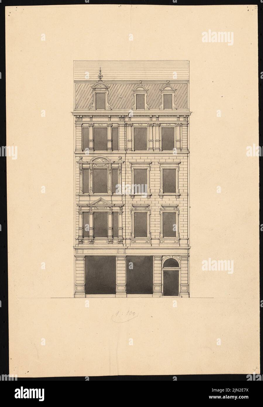 Knoblauch Gustav (1833-1916), edificio residenziale Peters, Berlino: Vista 1: 100. Matita, inchiostro su carta, 36,4 x 25,2 cm (inclusi i bordi di scansione) Foto Stock