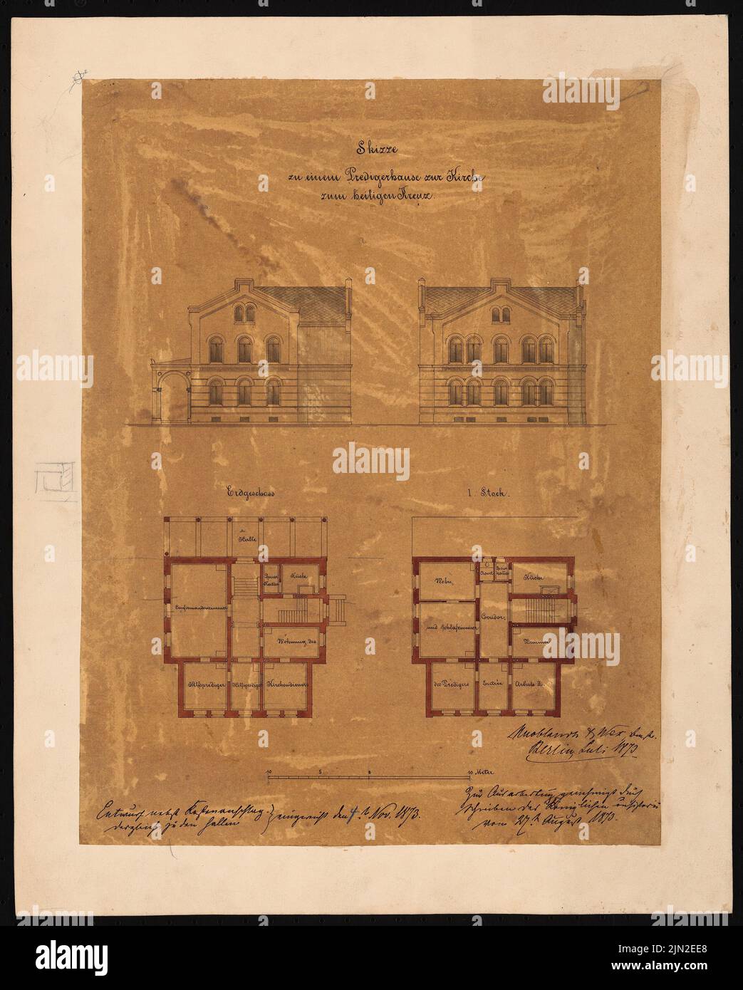 Knoblauch Gustav (1833-1916), casa predicatrice della chiesa Zum Heiligen Kreuz, Berlino: Grundriss EG, 1st piano, 2 tort. Acquerello Tusche su carta trasparente, 50,8 x 40,7 cm (inclusi i bordi di scansione) Foto Stock