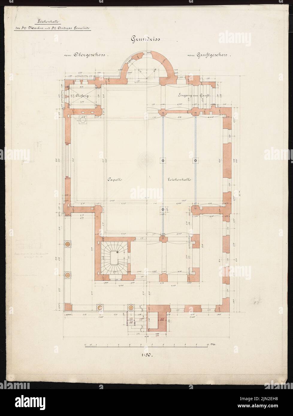 Knoblauch & Wex, sala del cadavere della comunità di St. Markus-and-Andreas, Berlino: Sinossi di due piani 1:50. Matita, inchiostro, acquerello su carta, 69,5 x 52,2 cm (inclusi i bordi di scansione) Foto Stock