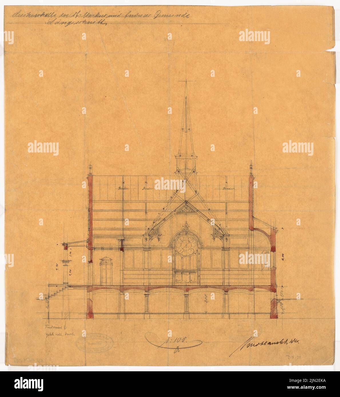Knoblauch & Wex, sala del cadavere della comunità di St. Markus-and-Andreas, Berlino: Sezione trasversale 1: 100. Matita da acquarello a trasparente, 40,4 x 37 cm (inclusi i bordi di scansione) Foto Stock