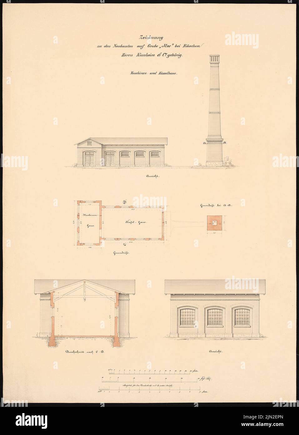 Knoblauch & Wex, Grube Ilse (Kunheim & Co.), großräschen/Bückgen. Casa macchine e caldaie: Pianta del pavimento, 2 viste, sezione trasversale. Matita e inchiostro acquerello sulla scatola, 66,7 x 49,1 cm (inclusi i bordi di scansione) Foto Stock